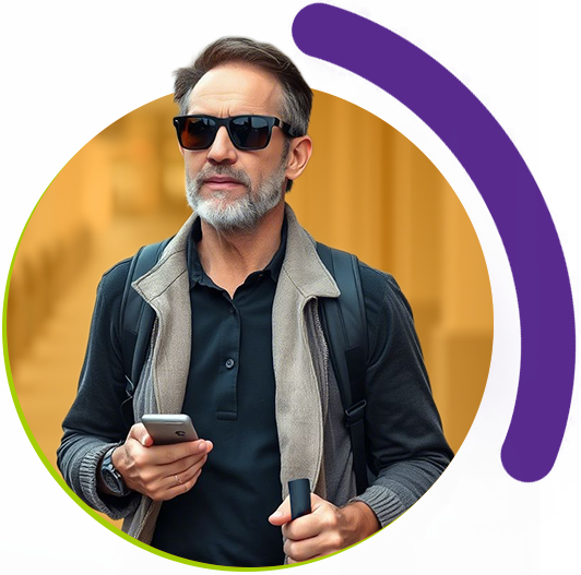 Homem segurando uma bengala e usando o app Open Maps